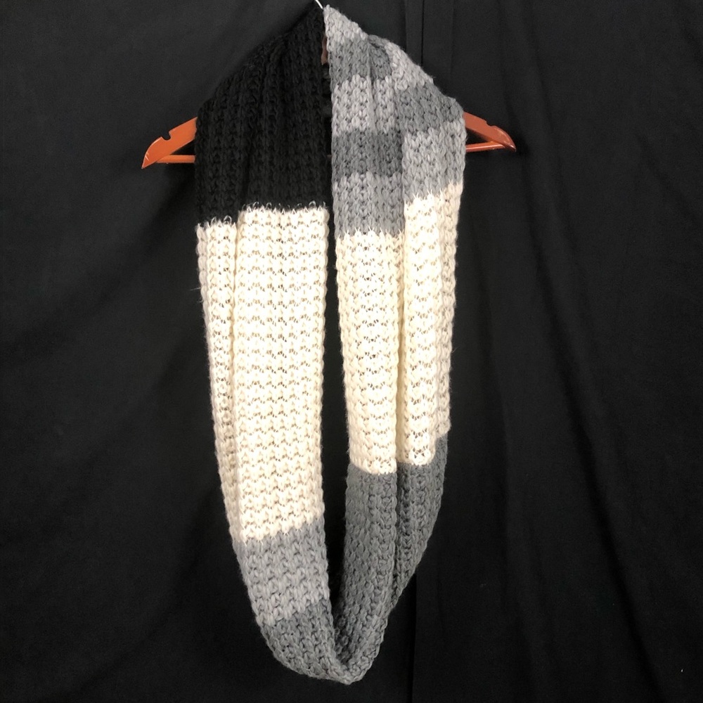 Knitted Black, Gray, White, Infinity Scarf - Picture 2 of 4